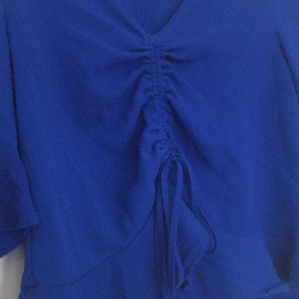 Blue Ruffled Ruche-Front Top - Picture 2 of 3